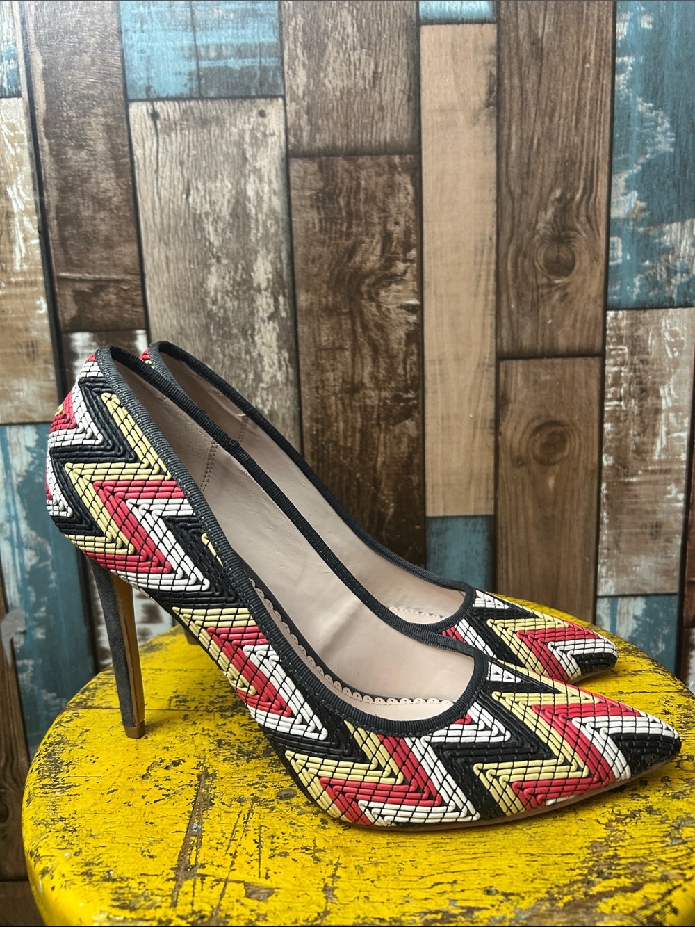 Madison Chevron Woven Pointed-Toe Stilettos in Red, Yellow, Black & White - Picture 8 of 15